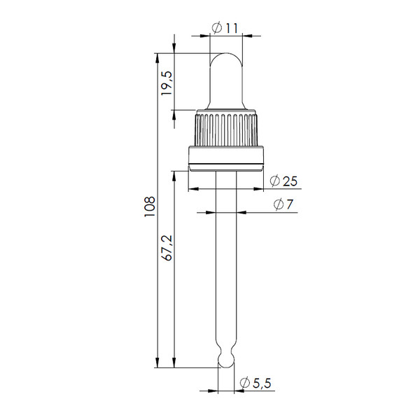 Technical drawing of 60 ml assembled dropper