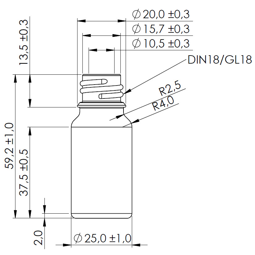 Plano técnico del frasco de vidrio DIN18 de 10 ml