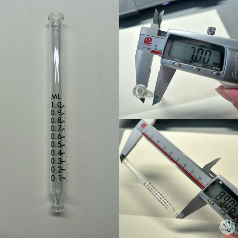 Precyzyjnie wykonana szklana pipeta na zamówienie o dokładnych wymiarach i wyraźnej podziałce z czarnego tuszu dopuszczonego do kontaktu z żywnością, mierzona w celu zapewnienia dokładności i jakości każdej sztuki