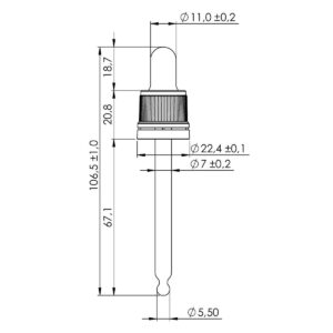 50 ml TE Plus Night Assembled Dropper with Black Teat and Prominent Cap – DIN18 Thread – technical drawing