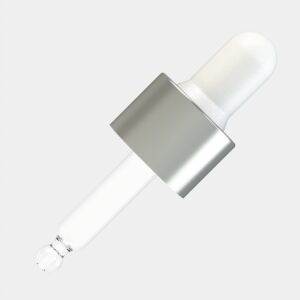 ALU Matte Silver Day Assembled Dropper – 5 ml, White Teat, ALU Matte Silver Collar, DIN18 Thread, 48 mm Straight-Tip Glass Pipette