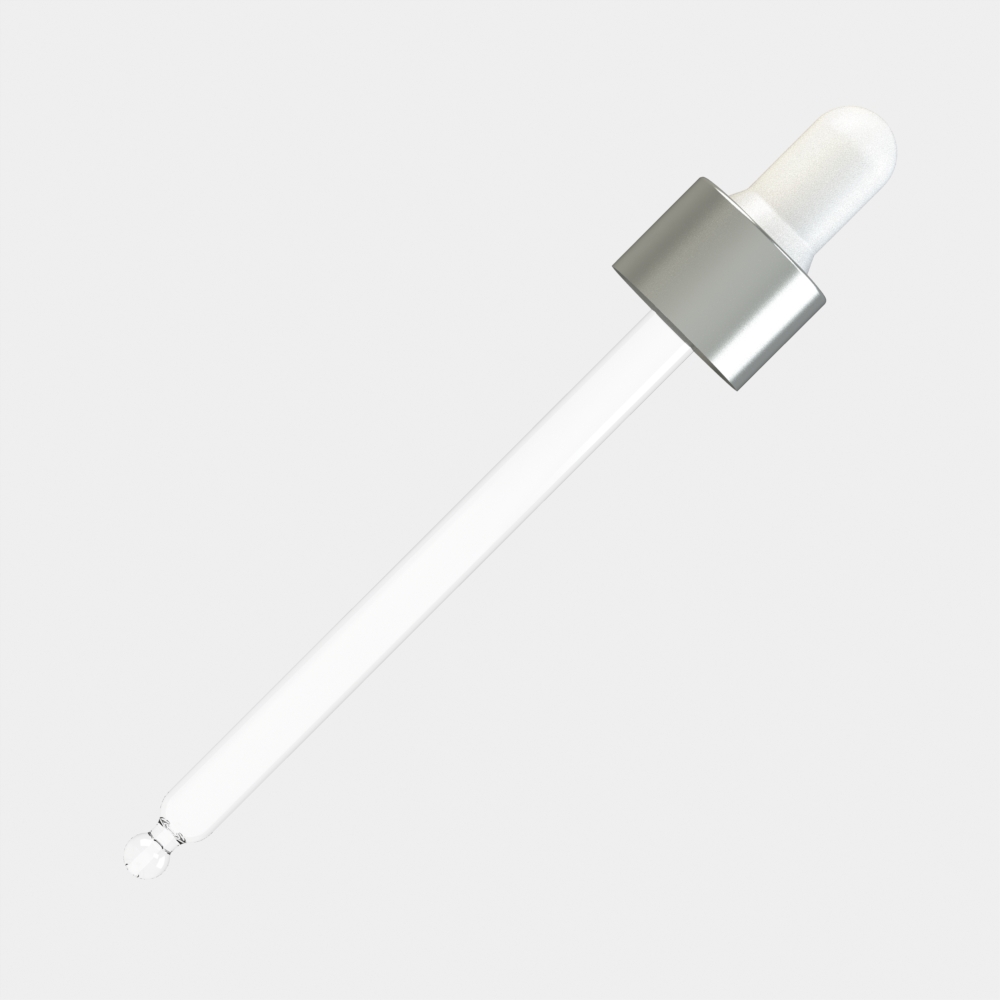 ALU Matte Silver Day Assembled Dropper – 100 ml, White Teat, ALU Matte Silver Collar, DIN18 Thread, 108 mm Straight-Tip Glass Pipette