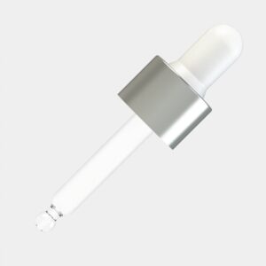 ALU Matte Silver Day Assembled Dropper – 10 ml, White Teat, ALU Matte Silver Collar, DIN18 Thread, 58 mm Straight-Tip Glass Pipette