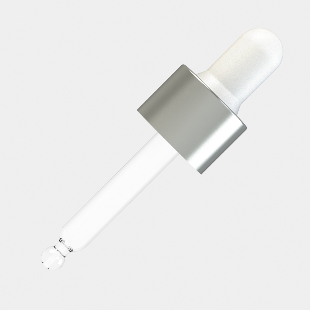 ALU Matte Silver Day Assembled Dropper – 10 ml, White Teat, ALU Matte Silver Collar, DIN18 Thread, 58 mm Straight-Tip Glass Pipette