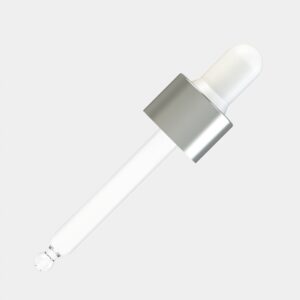 ALU Matte Silver Day Assembled Dropper – 20 ml, White Teat, ALU Matte Silver Collar, DIN18 Thread, 70 mm Straight-Tip Glass Pipette