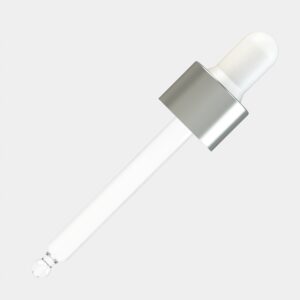 ALU Matte Silver Day Assembled Dropper – 30 ml, White Teat, ALU Matte Silver Collar, DIN18 Thread, 77 mm Straight-Tip Glass Pipette