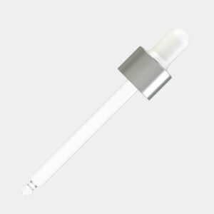 ALU Matte Silver Day Assembled Dropper – 50 ml, White Teat, ALU Matte Silver Collar, DIN18 Thread, 90 mm Straight-Tip Glass Pipette
