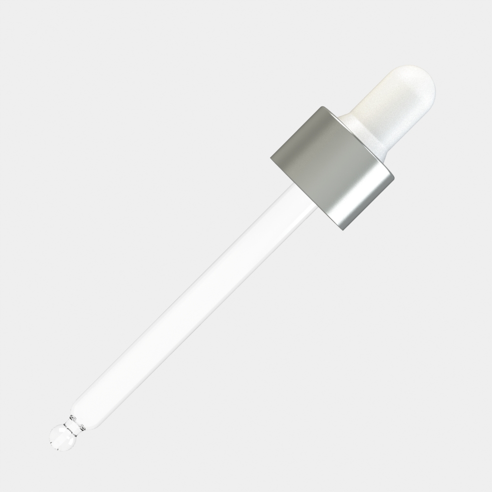 ALU Matte Silver Day Assembled Dropper – 50 ml, White Teat, ALU Matte Silver Collar, DIN18 Thread, 90 mm Straight-Tip Glass Pipette