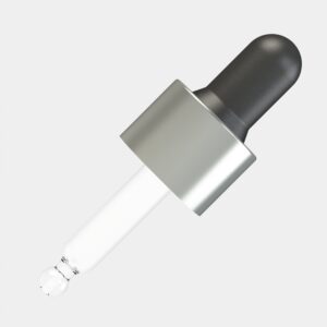 ALU Matte Silver Night Assembled Dropper – 5 ml, Black Teat, ALU Matte Silver Collar, DIN18 Thread, 48 mm Straight-Tip Glass Pipette