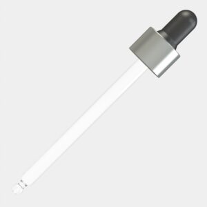 ALU Matte Silver Night Assembled Dropper – 100 ml, Black Teat, ALU Matte Silver Collar, DIN18 Thread, 108 mm Straight-Tip Glass Pipette