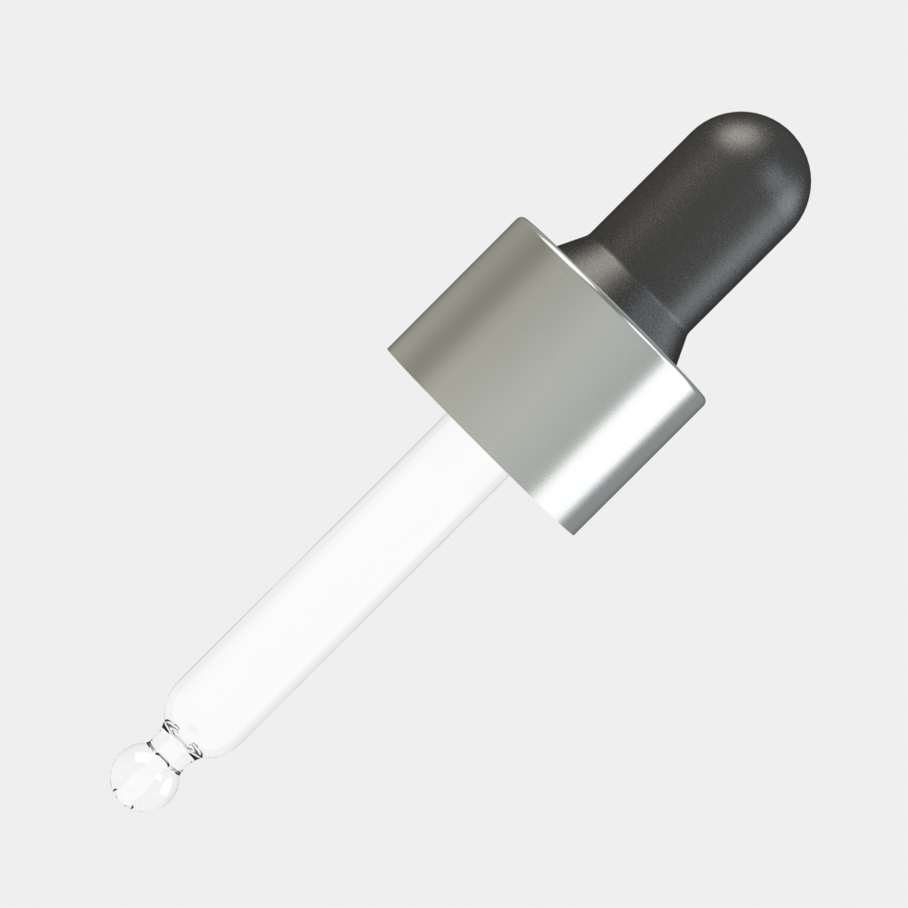 ALU Matte Silver Night komplekteeritud pipettkork – 10 ml, must kummipall, ALU Matte Silver krae, DIN18 keere, 58 mm sirge otsaga klaaspipett