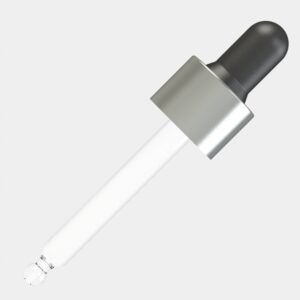 ALU Matte Silver Night Assembled Dropper – 20 ml, Black Teat, ALU Matte Silver Collar, DIN18 Thread, 70 mm Straight-Tip Glass Pipette