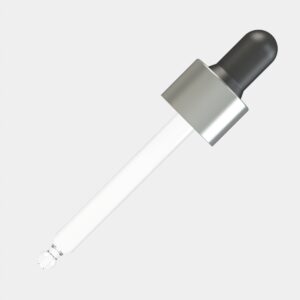 ALU Matte Silver Night Assembled Dropper – 30 ml, Black Teat, ALU Matte Silver Collar, DIN18 Thread, 77 mm Straight-Tip Glass Pipette