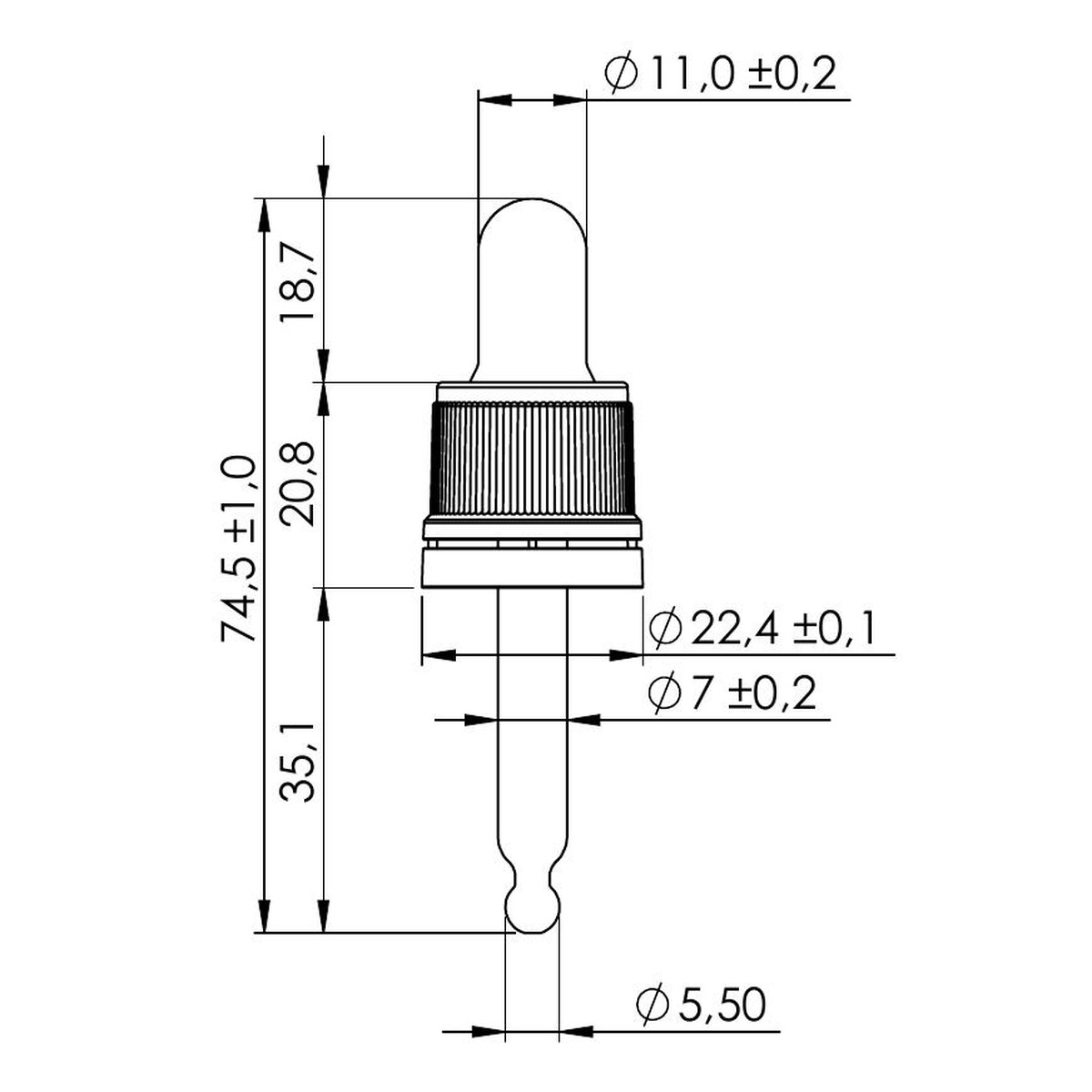 10 ml TE Plus Night Assembled Dropper with Black Teat and Prominent Cap – DIN18 Thread, 58 mm Straight-Tip Glass Pipette