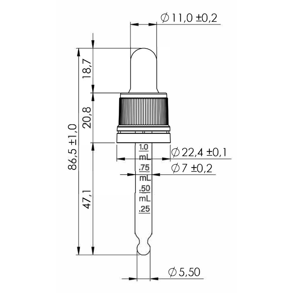 20 ml TE Plus Night Assembled Dropper with Black Teat and Prominent Cap – DIN18 Thread, 70 mm Straight-Tip Glass Pipette - Obrázek 4