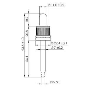 30 ml TE Plus Night Assembled Dropper with Black Teat and Prominent Cap – DIN18 Thread, 77 mm Straight-Tip Glass Pipette