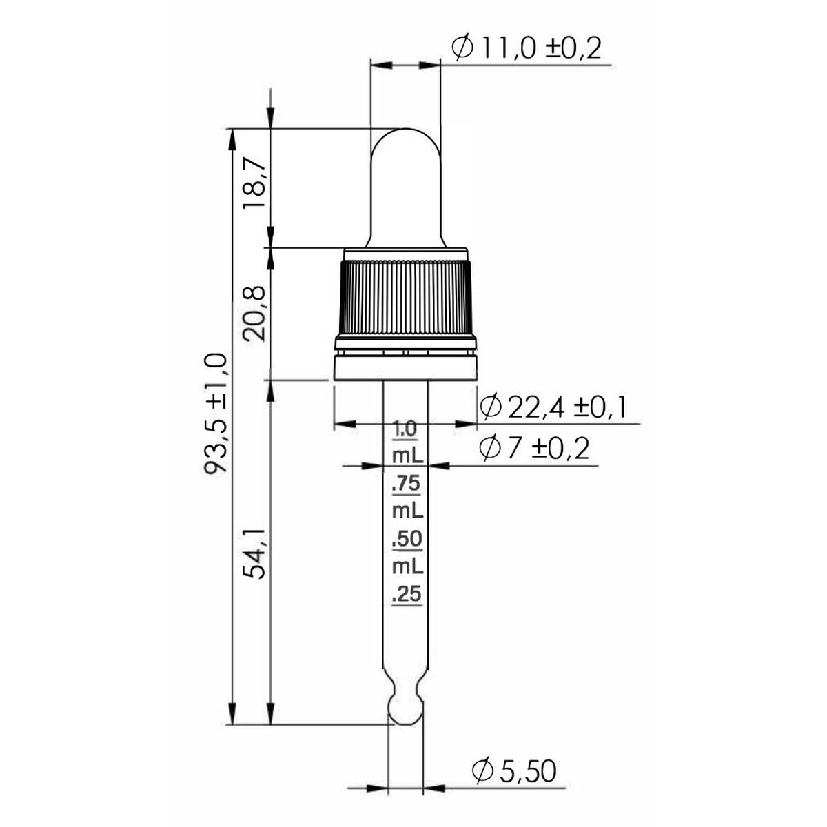30 ml TE Plus Night Assembled Dropper with Black Teat and Prominent Cap – DIN18 Thread, 77 mm Straight-Tip Glass Pipette - Obrázek 4
