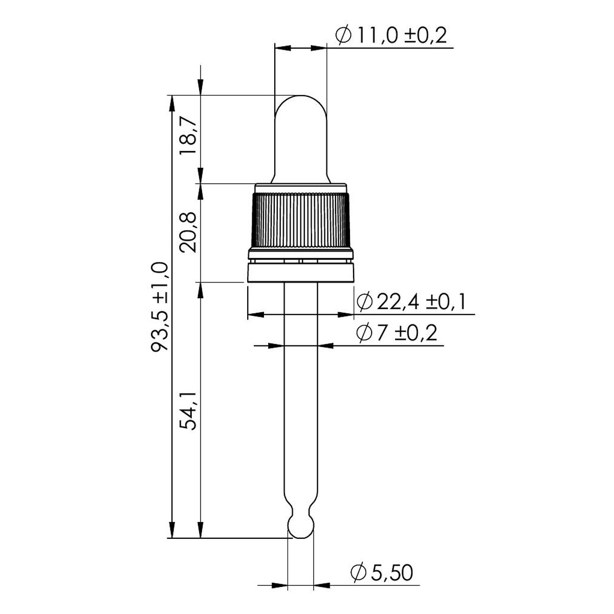 30 ml TE Plus Night Assembled Dropper with Black Teat and Prominent Cap – DIN18 Thread, 77 mm Straight-Tip Glass Pipette