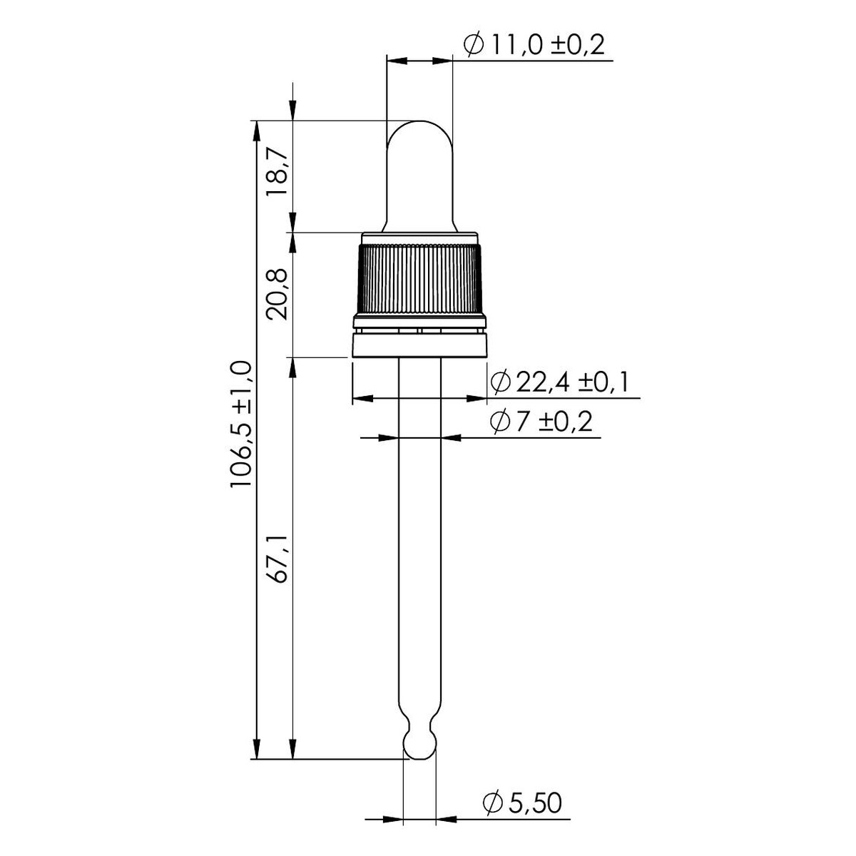 50 ml TE Plus Night Assembled Dropper with Black Teat and Prominent Cap – DIN18 Thread, 90 mm Straight-Tip Glass Pipette