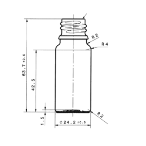 Technical drawing of 10 ml amber glass dropper bottle DIN18, 63.7 mm high