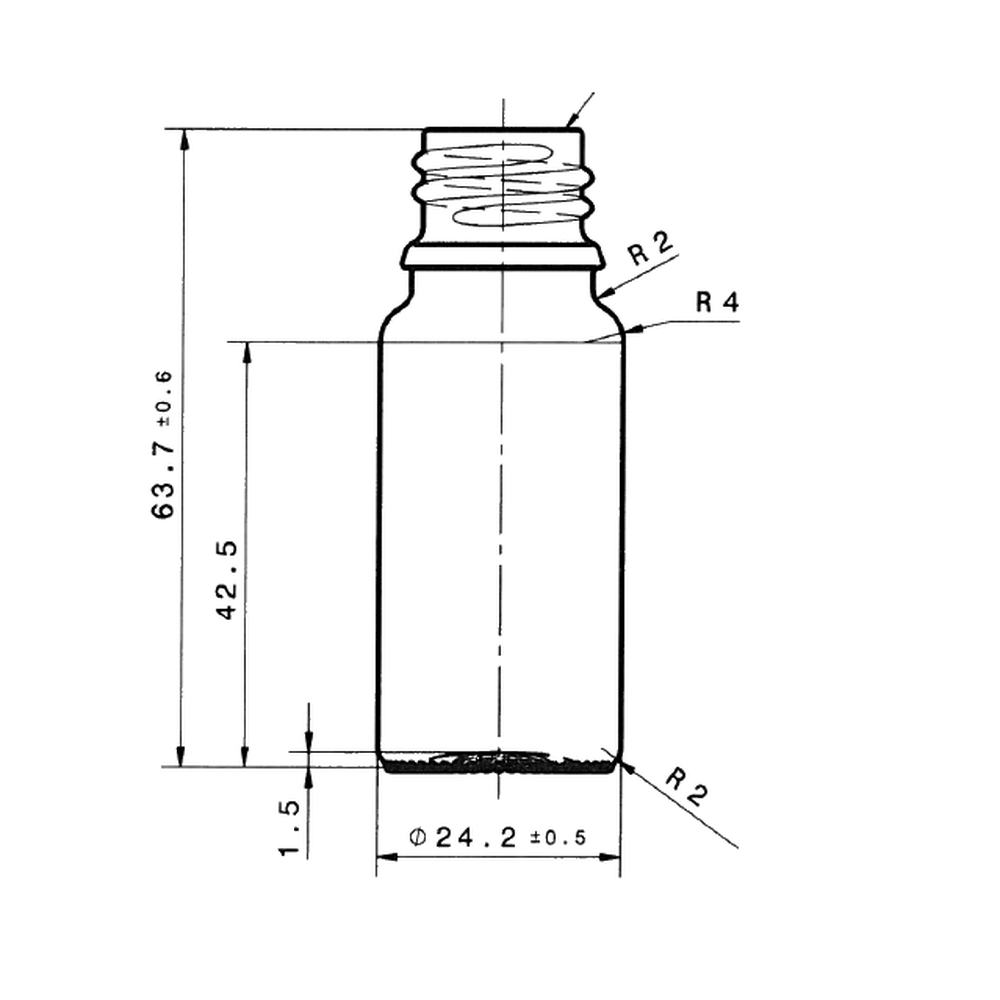 Technical drawing of 10 ml amber glass dropper bottle DIN18, 63.7 mm high