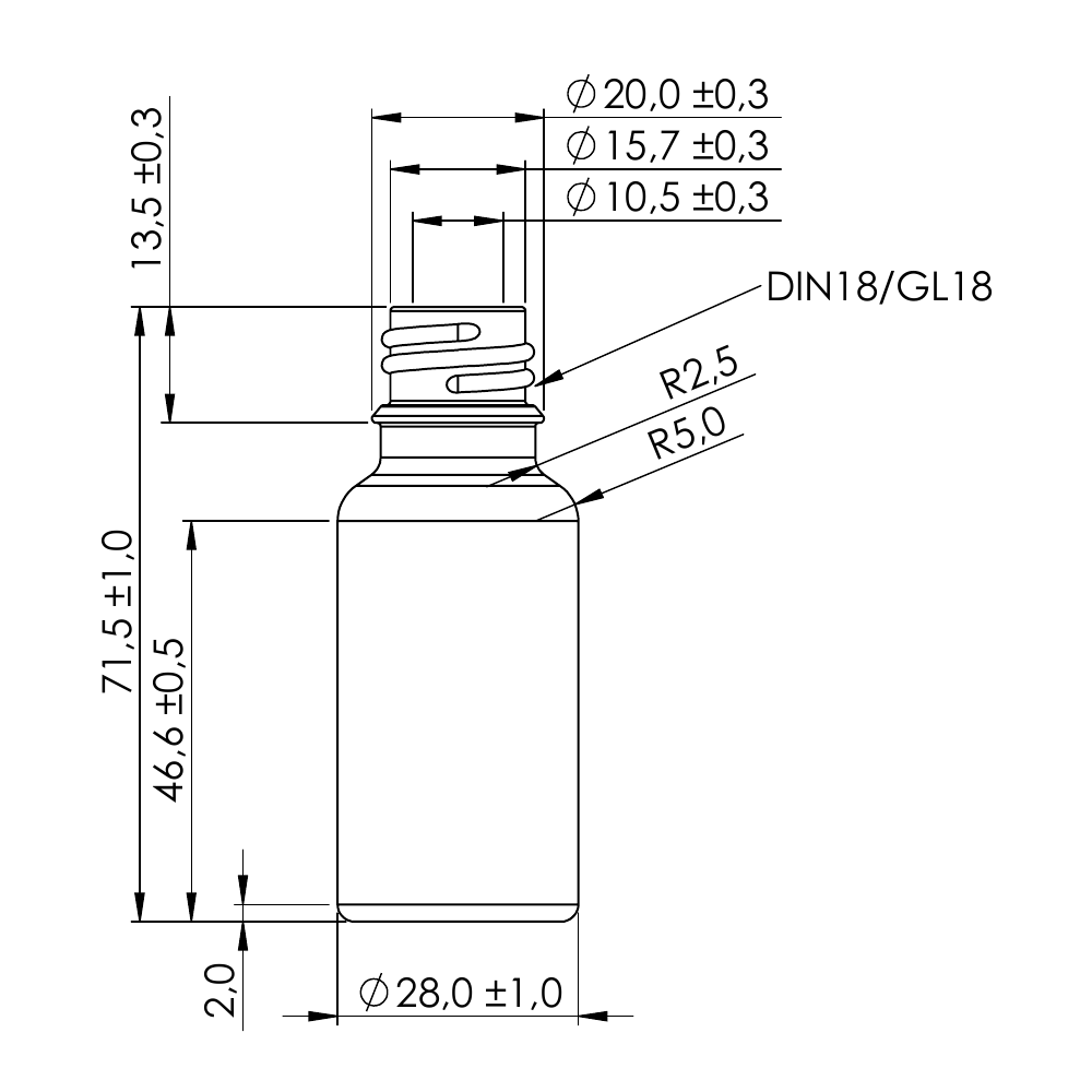 Technical drawing of 20 ml amber glass dropper bottle DIN18, 71.5 mm high