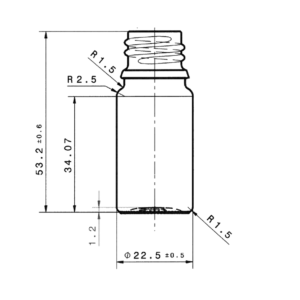 Technical drawing of 5 ml amber glass dropper bottle DIN18, 53.2 mm high